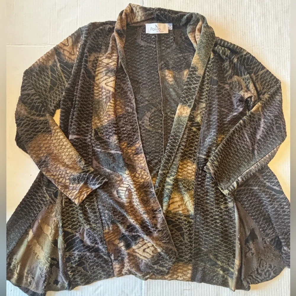 Palila Sheer Snake Print Waterfall Cardigan Brown Beige Drape Open Front M Boho